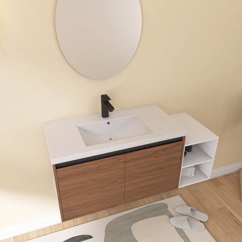 Meuble-lavabo mural Earnby de 122 cm (48 po) avec lavabo en résine, petites étagères de rangement, tablette réglable, portes à fermeture amortie, brun ébène
