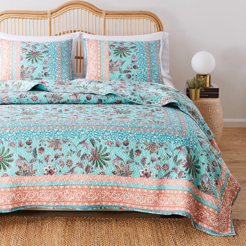 Turquoise and Coral Reversible Full Microfiber Quilt Set