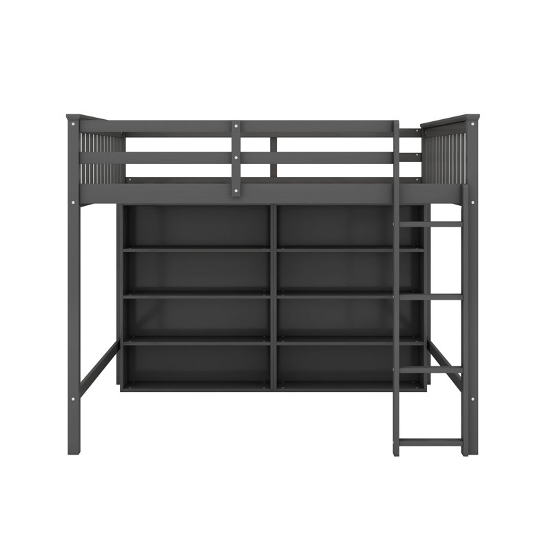 Lit mezzanine double avec tablettes de rangement ouvertes, Gris antique