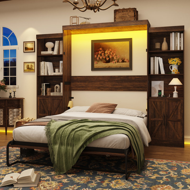 Murphy Bed With 2 Side Storage Cabinets, LED Lights, And Charging Station,  No Box Spring Needed, For Home Office, Brown