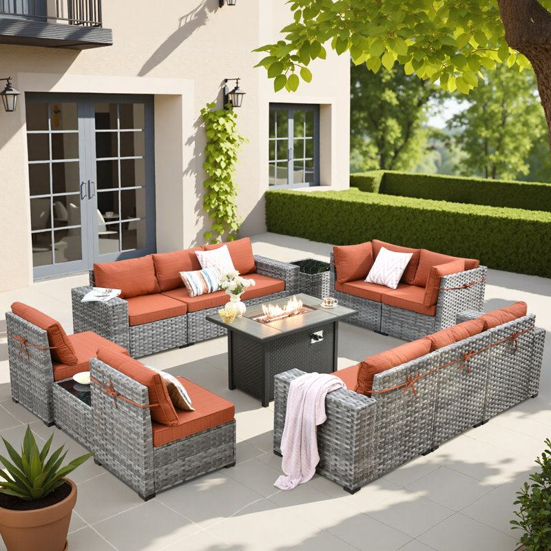 Ensemble de conversation modulaire en osier avec coussins et table de foyer 13 pièces Bobia, Orange / rouge