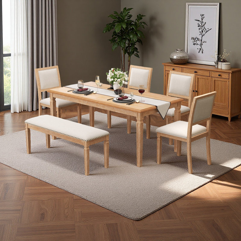 Vintage Extendable Dining Table Set For 6 With 4 Chairs & Bench, 59 To 72-Inch Rustic Farmhouse Kitchen Table Set With Distressed Finish And Retro Carved Legs