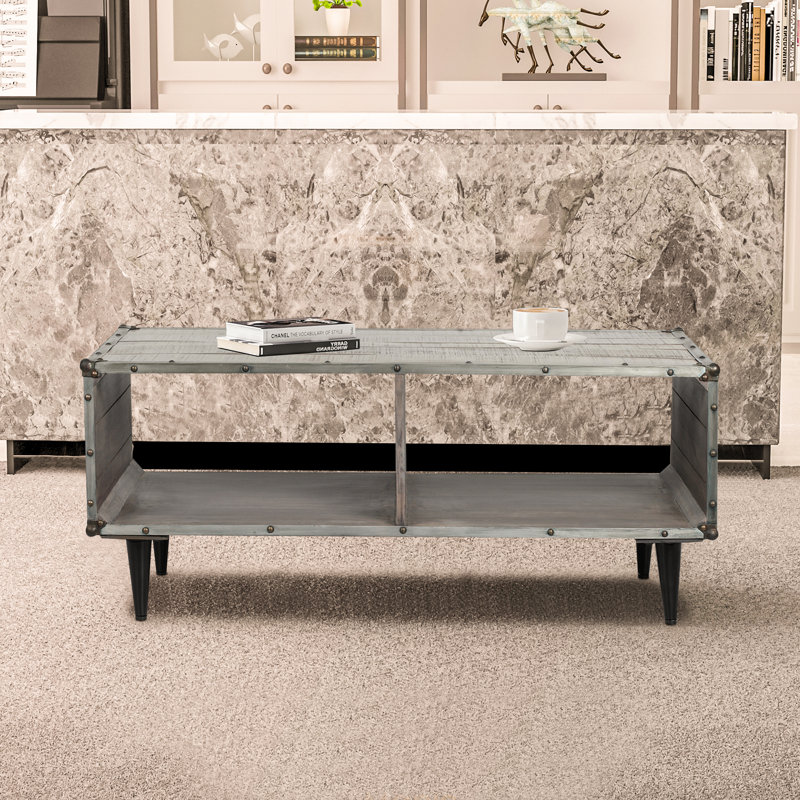 Table basse à 4 pieds en bois massif avec rangement, gris