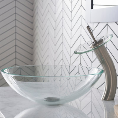 Crystal Glass Circular Vessel Bathroom Sink with Faucet