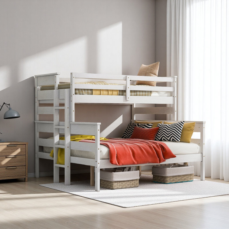 Lit simple superposé au-dessus de grand lit en bois avec échelle Wood, Blanc