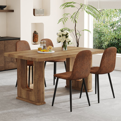 64.5" Farmhouse Wood Dining Table Set With Decorative Pedestal Legs & Cushioned Chairs