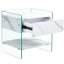 Table de chevet avec fonction de tiroir - plateau de table, verre transparent des deux côtés, et durable pour un usage domestique, différents choix de placement dans une surface lisse à grain blanc, structure, stabilité quotidienne