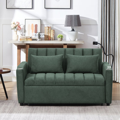 Canapé-lit convertible de 55,9 po avec trois ports USB, deux poches latérales, deux porte-gobelets et un support de téléphone pivotant à 360 ° pour le salon, vert