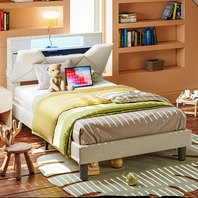 Couvertt Upholstered Bed with Charging Station, Storage Platform Bed with LED Light, Low Profile Bed with Adjustable Headboard，Modern Twin Bed