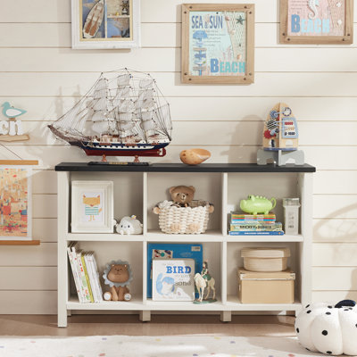 Farmhouse 6 Cube Bookshelf, Antique White & Black Wooden Storage Organizer Book Shelf, 47" Cubby Hallway Bookcase, Kids Toy Storage Cabinet, Modern Open Book Case for Living Room, Playroom