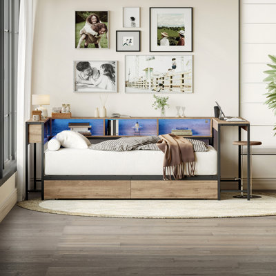 Corner Bed Frame With Bookcase And 2 Underbed Storage Drawers, Twin Bed With LED Light And Charging Station, Daybed Reversible Left Or Right