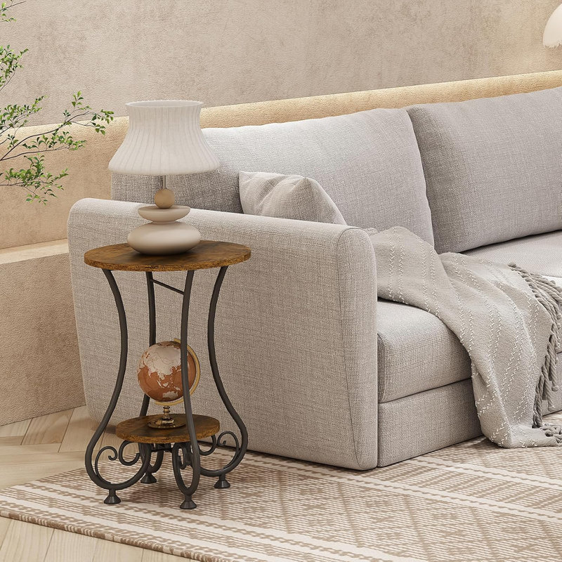 Round End Table For Small Spaces, Rustic Industrial Side Table With Open Shelf, Sturdy MDF And Metal Frame, Versatile Coffee Table For Living Room, Bedroom, Office, Balcony