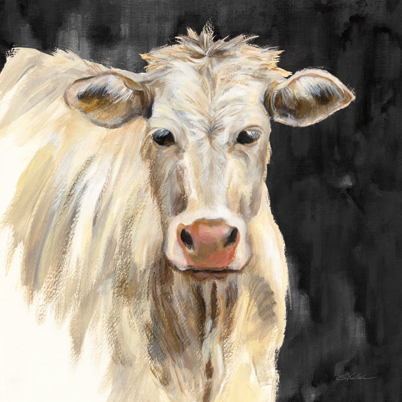Vache blanche sur fond noir, H 12 po x l 12 po x P 1,25 po