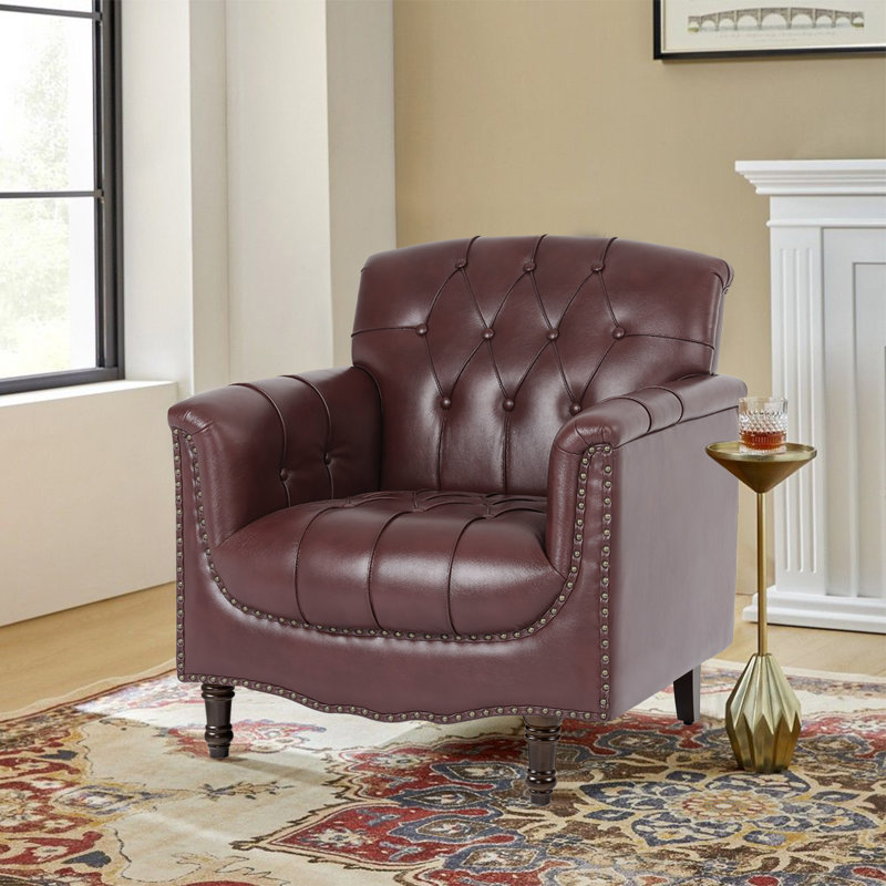 80 Cm Wide Tufted Armchair, Dark Red Faux Leather