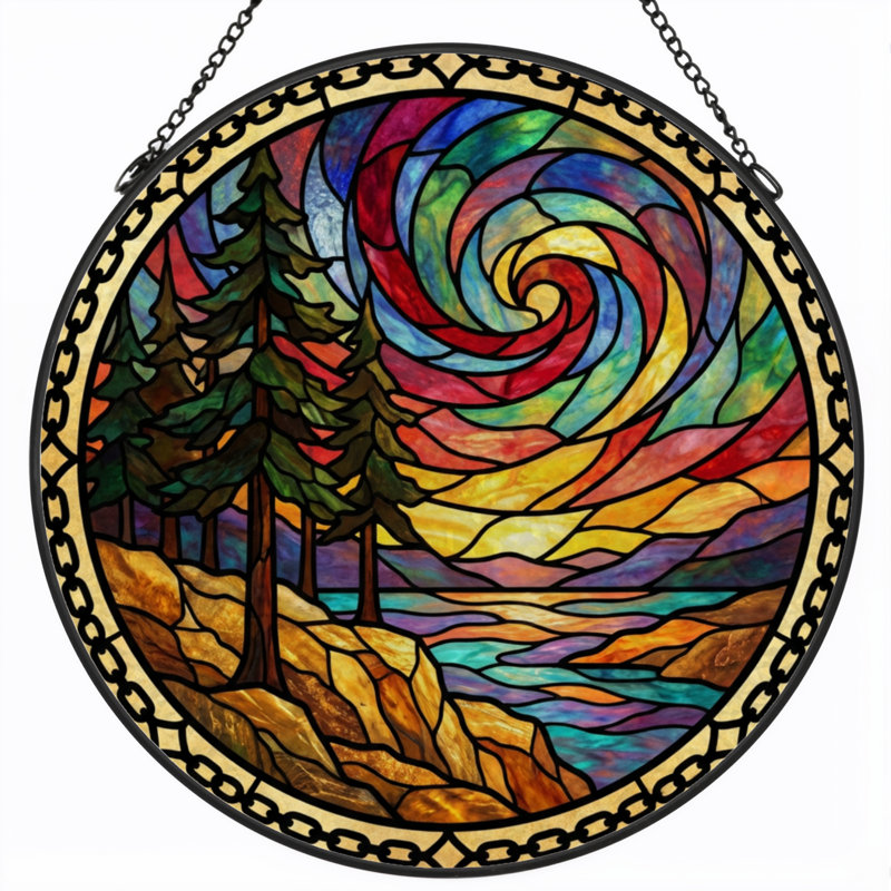 Panneau de vitrail de paysage coloré H 7,8 po, H 7,8 po x l 7,8 po