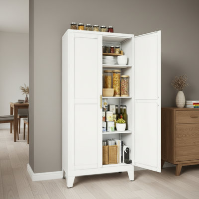 Simple White Freestanding Metal Storage Cabinet With Double Doors And Three Adjustable Shelves. Multifunctional Storage Unit For Kitchen, Dining Room, Living Room, And Bathroom.