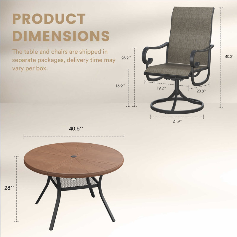 Ensemble repas extérieur pour 4 personnes avec chaises pivotantes, Walnut/Brown