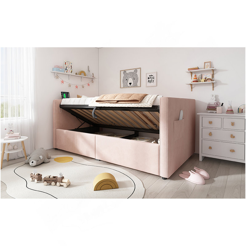 Lit de jour rembourré de taille simple, cadre de lit simple à rangement hydraulique avec chargement USB et Type-C, cadre de lit avec lattes de bois et dossier de canapé capitonné, rose, velours (sans matelas)