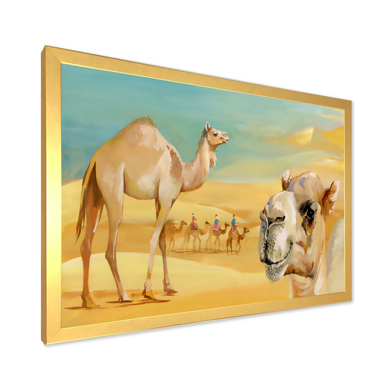 Chameaux dans le désert - Peinture sur toile, H 12 po x l 20 po x P 1,5 po, Toile encadrée d'or