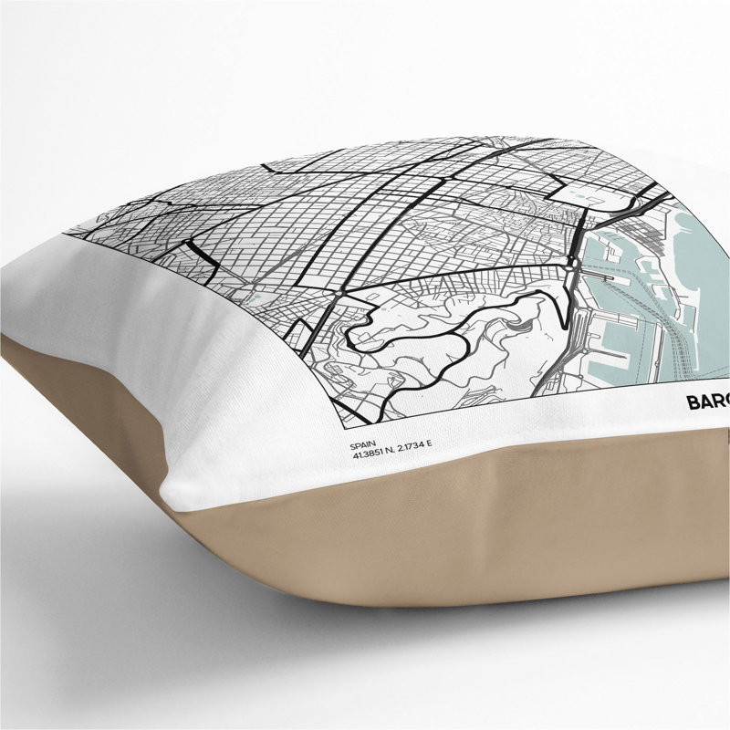 Map Barcelona Spain Square Throw Cushion, Stone, 40cm H x 40cm W x 15cm D