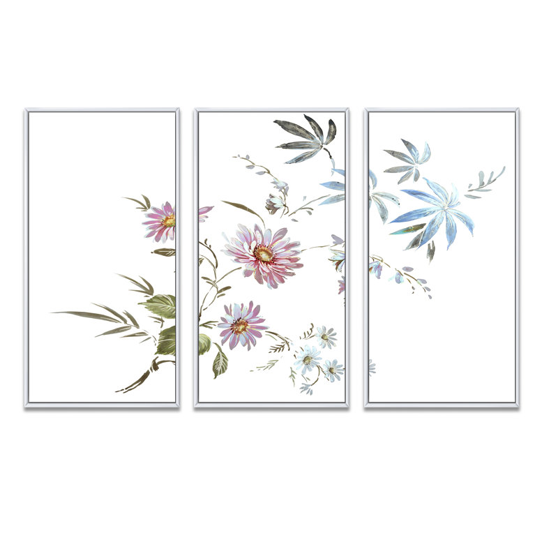 «Blue and Pink Wildflowers I», ensemble d'art mural sur toile encadré traditionnel de 3, Blanc, H 32 po x l 48 po x P 1 po