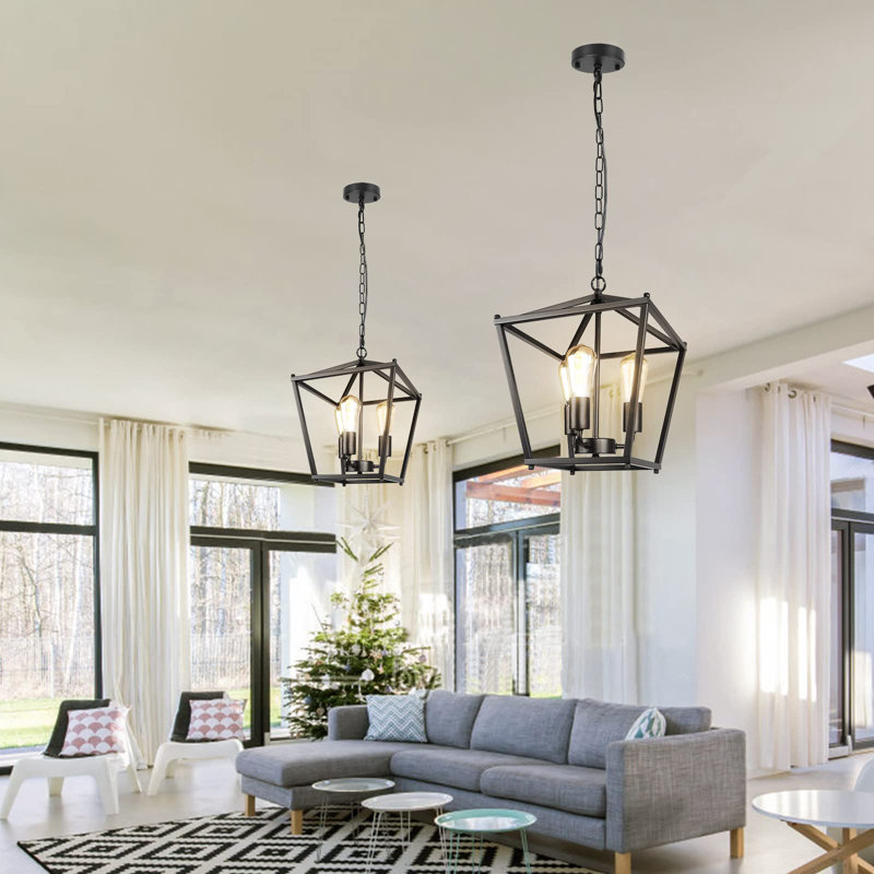 Luminaire suspendu noir de style lanterne de style campagnard à 3 lumières avec cage en métal, base industrielle E26 à hauteur réglable