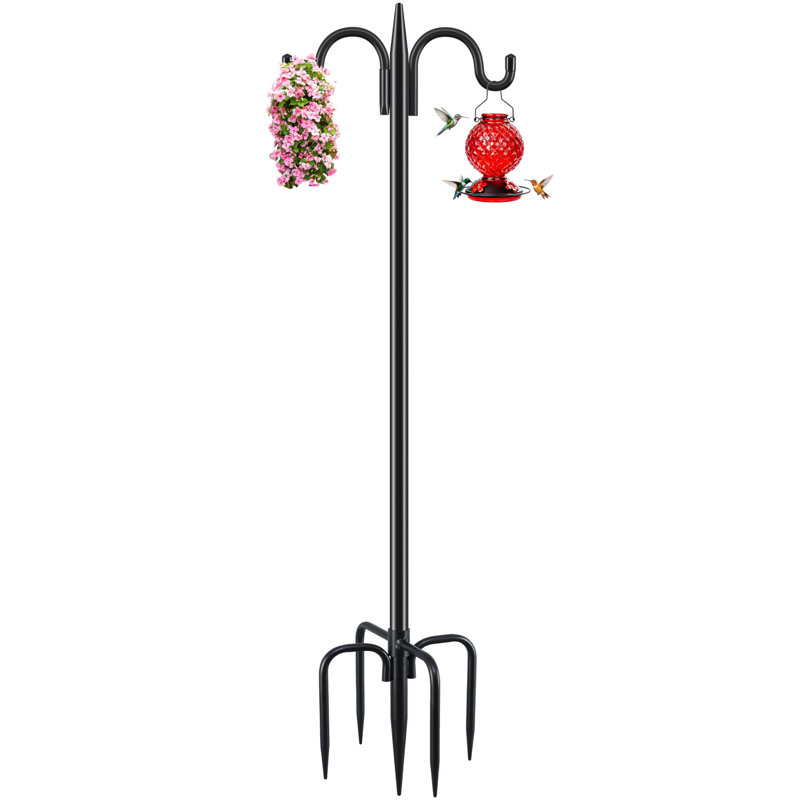Mât à oiseaux pour l'extérieur robuste, double crochet de berger de 92 pouces avec base stable à 5 branches, support pour colibri de 3/4 po d'épaisseur, paquet de 1
