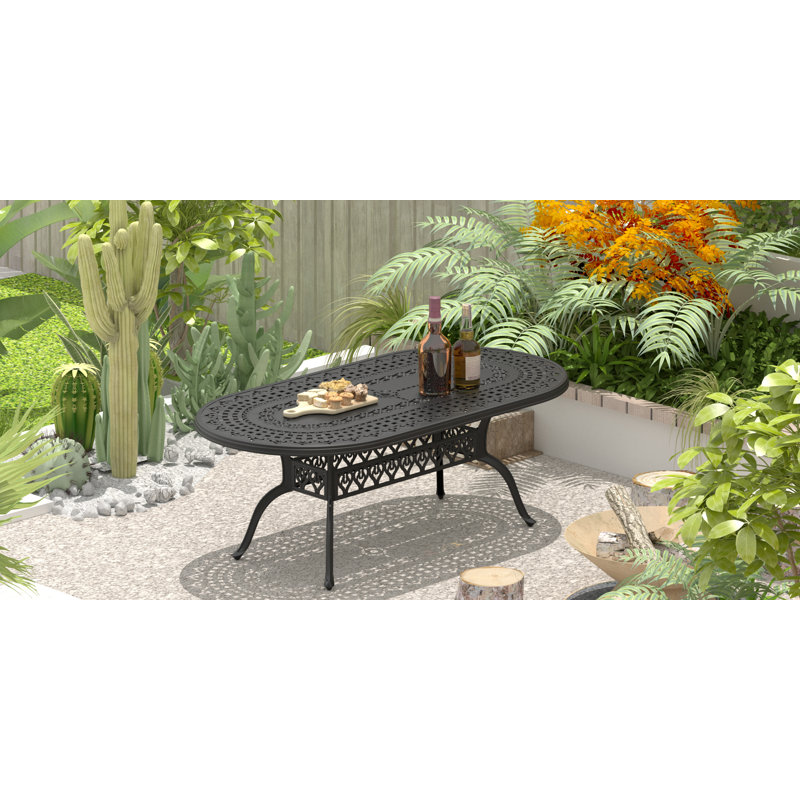 Oval Metal Outdoor Dining Table, 82" W x 41.5" D Patio Table with Umbrella Hole
