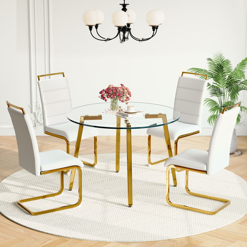 5-Piece Round Glass Dining Table Sets, 29.5"H x 42"L x 42"W, White