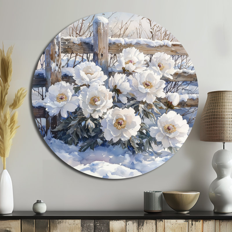 Décoration murale ronde pivoines par la ferme enneigée II - pivoines, H 29 po x l 29 po