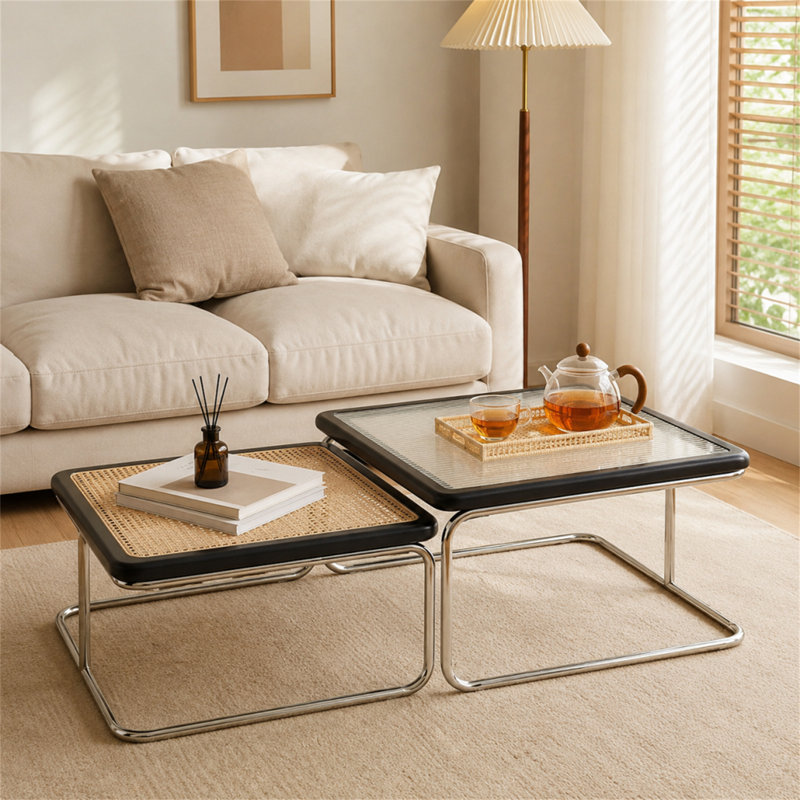 Heavy-duty Steel Tube Frame Coffee Table Featuring A Flexible Modular Design—the Tabletop Can Be Separated For Individual Use.