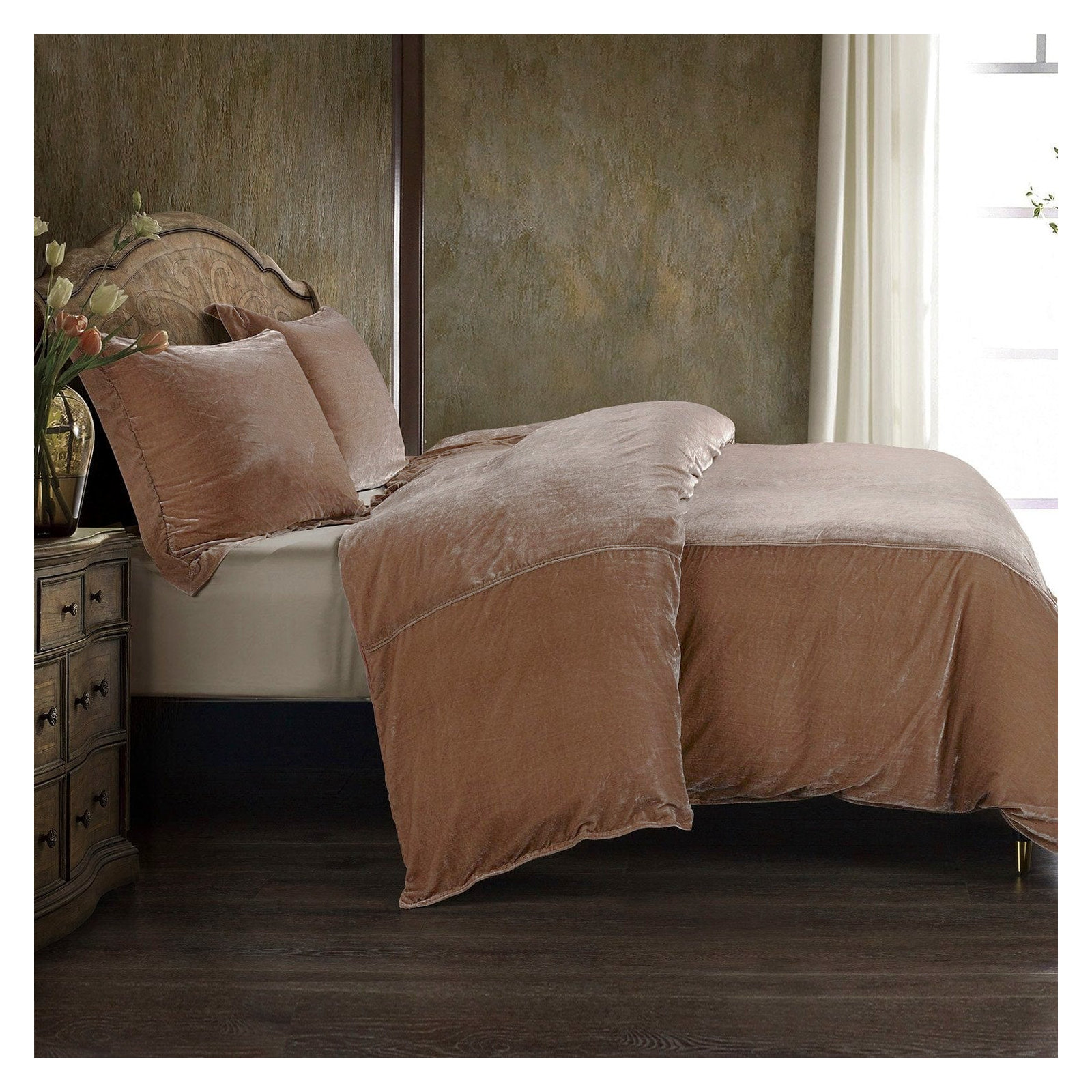 Stella Faux Silk Velvet Classic Chic Modern Rustic Romantic Western Duvet Cover Set, King Duvet Cover + 2 King Shams