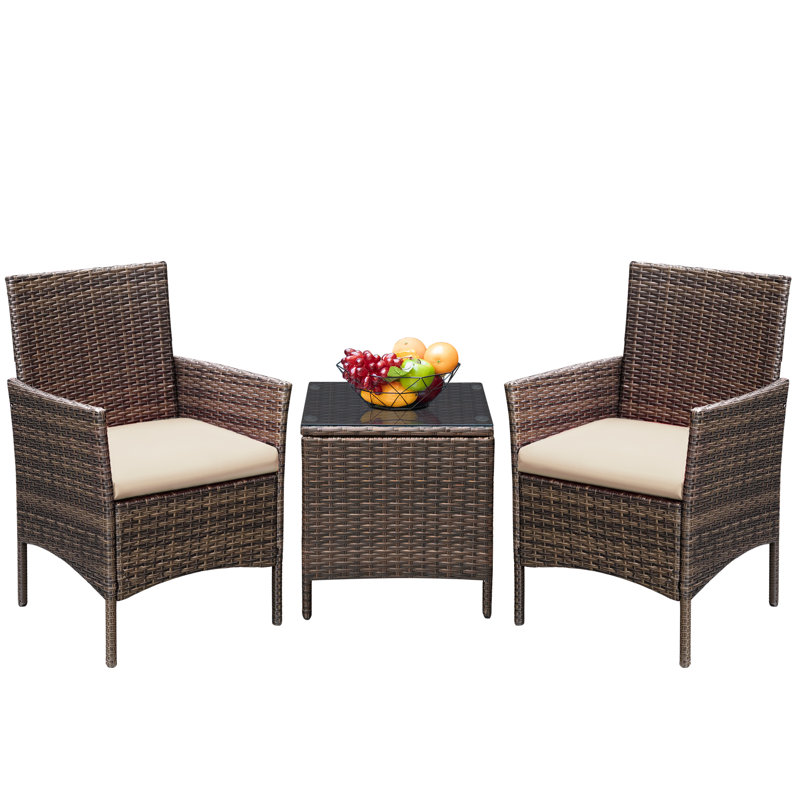 Ensemble de conversation en rotin avec coussins 3 pièces, Brun, Beige