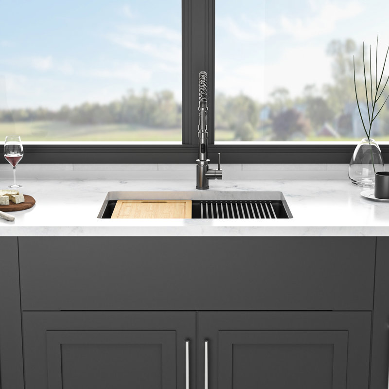 Évier de cuisine 28 pouces par 19 comptoir en quartz noir, matériau haut de gamme, surface lisse, élimine les vibrations, avec grille de séchage et grille inférieure noire, composite de 28 po x 19 po
