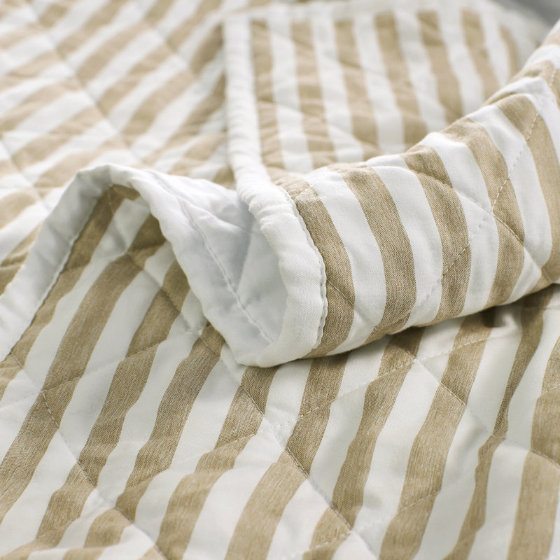 Queen Size White and Brown Striped Cotton Quilt Set with Shams and Throw Pillows