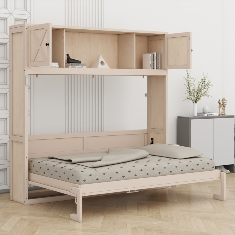 Lit escamotable multiusage avec armoires de rangement, Beige