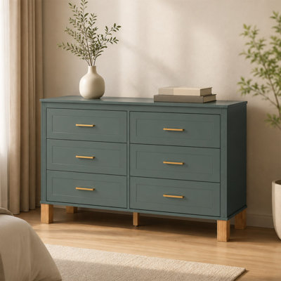 Commode double 6 tiroirs avec poignées en métal et pieds en bois massif
