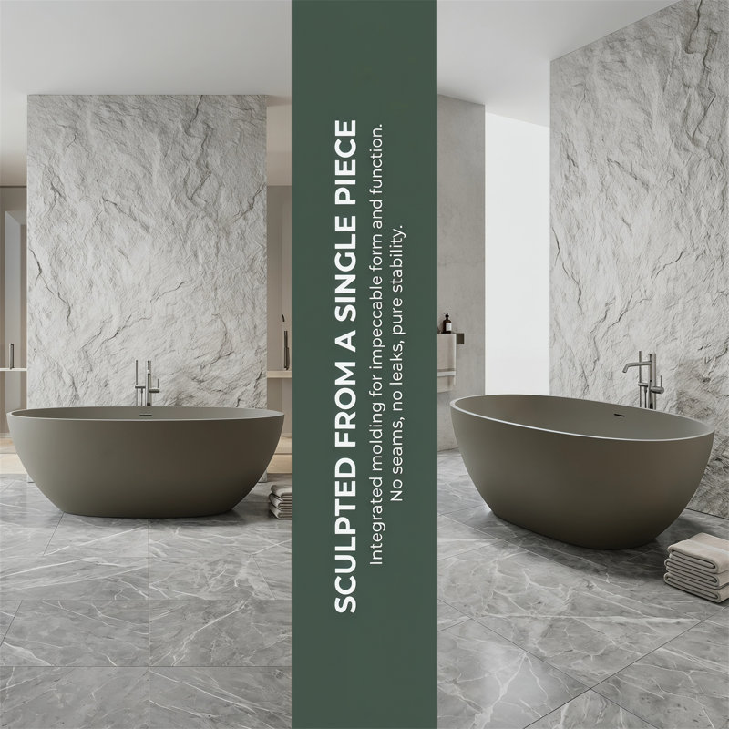 Baignoire de trempage autoportante de 55 po, résine de pierre, support dorsal ergonomique, bonde escamotable, Gris