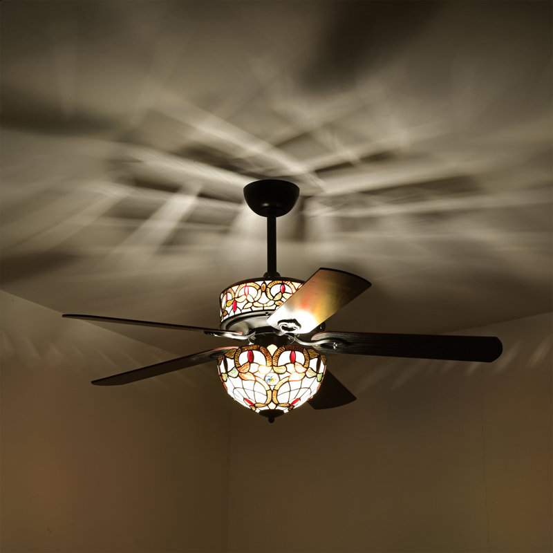Jesmond Black Tiffany Style Two Tiered Lighted Ceiling Fan White And Copper Shade With Remote Control