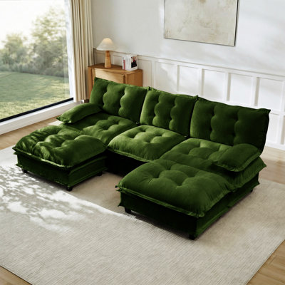 107" U Shaped Modern Sofa Modular Sectional Cloud Couch With  2 Ottomans, 3-Seat Chenille Deep Seat Sofa With Comfy Lattice Decored Seat Cushion, Bedroom And Apartment