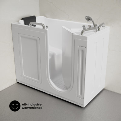 Auvergne 53" x 27" ADA Right Drain Walk-in Soaking Bathtub in Glossy White, Faucet Set, Drain, Grab Bars, Pillow Included