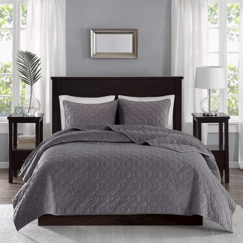 3 Piece Velvet Quilt Set Grey Full/Queen