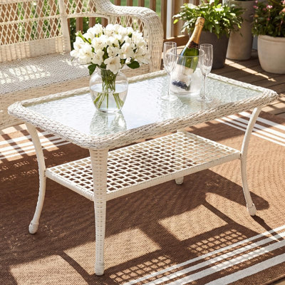 Table basse d'extérieur en osier, table basse de patio en rotin toutes saisons avec rangement à 2 niveaux, table centrale rectangulaire en verre trempé pour terrasse, jardin, balcon, porche, intérieur ou extérieur