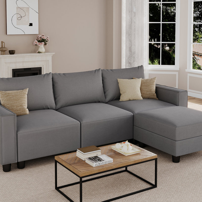 Linen Modular Sectional Sofa L Shaped Extra Deep Seats Couch  with Storage Ottomans, Gray Linen