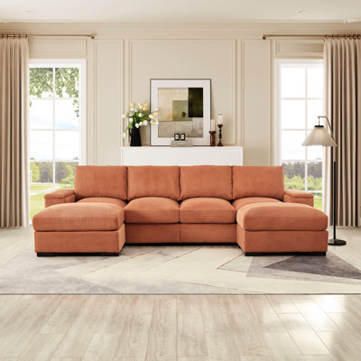 Canapé d'angle capitonné avec poufs amovibles, revêtement en velours côtelé, pieds noirs, canapé confortable avec poufs et rangement.