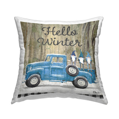 Hello Winter Tartan Blue Gnomes Truck Printed Throw Pillow Design By Paul Brent