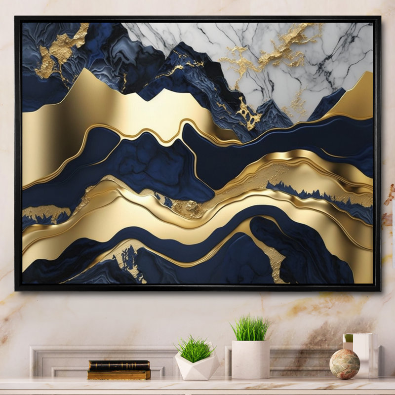 Rehoboth bleu et or captivant l'abstraction de marbre I, Cadre flottant noir, Noir, H 16 po x l 32 po