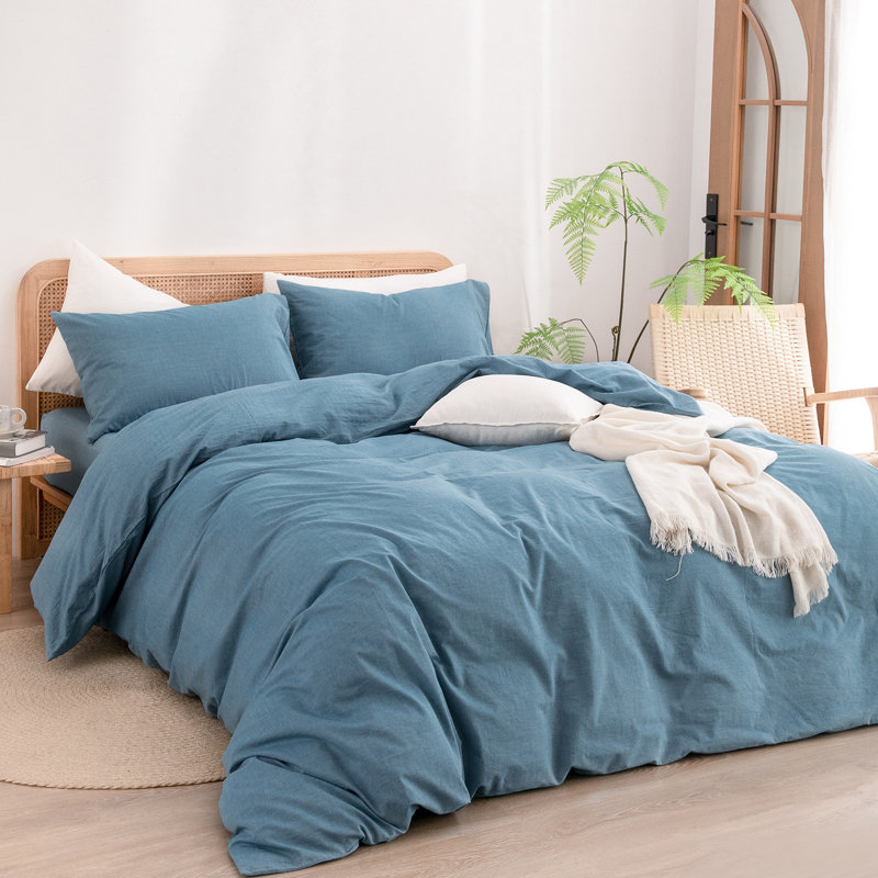 BESTOUCH Duvet Cover Set 100% Washed Cotton Linen Feel Lightweight, Full Duvet Cover + 2 Standard Pillowcases, Dark Blue