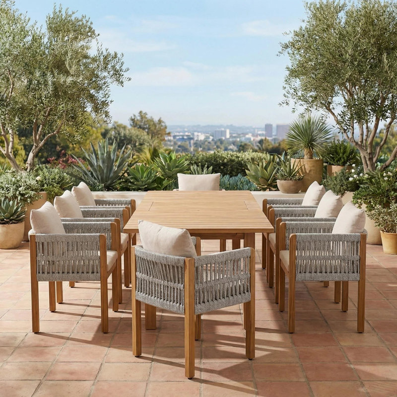 Cullors 9-Piece Modern Coastal Acacia Wood Patio Dining Set With Rope-Wrapped Armchairs And Expandable Slatted Table