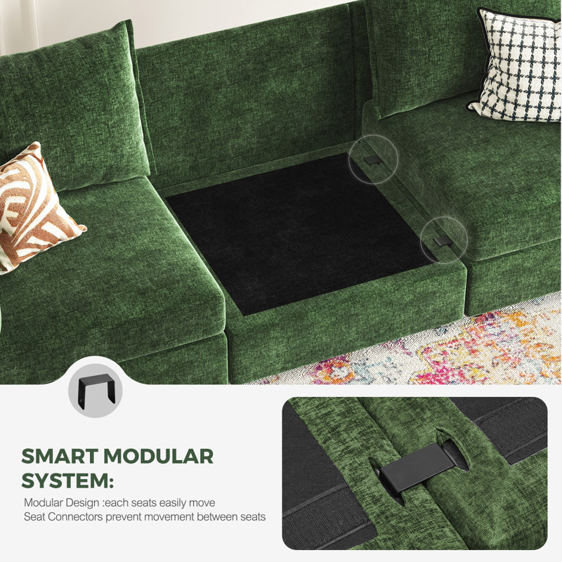 Merchelle 103' Wide Reversible Modern Modular Sectional Sofa With Storage Ottoman -Premium Chenille Fabric, Green Chenille